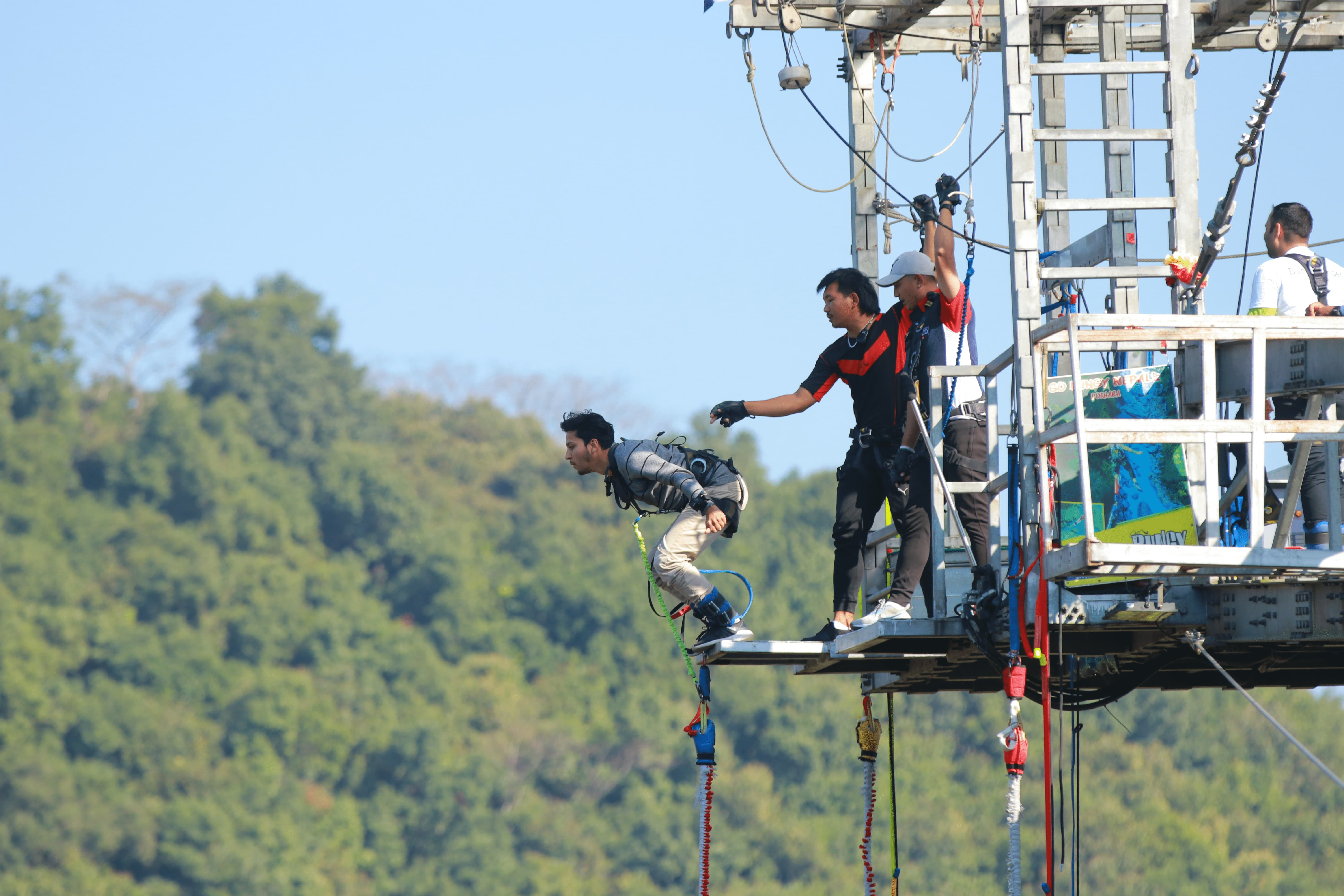 Guest from North Nepal Trek, going for a dive in Bungee in Pokhara.